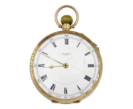 Early 20th century 9ct gold open face keyless lever pocket watch by John Russel, London, white enamel dial with Roman numeral