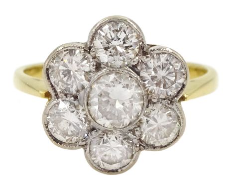 18ct gold seven stone round brilliant cut diamond daisy cluster ring, stamped, total diamond weight approx 1.85 caratConditio