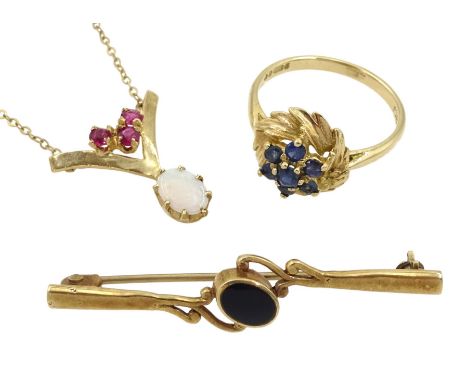 Gold jet brooch, opal and ruby necklace and a sapphire cluster ring, all hallmarked 9ctCondition Report:Approx 6.9gm, ring si