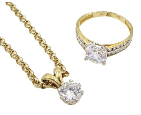 Gold single stone cubic zirconia pendant necklace and a gold cubic zirconia dress ring, both hallmarked 9ctCondition Report:P