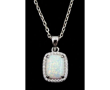 Silver opal and cubic zirconia cluster pendant necklace, stamped 925 Condition Report:Pendant length = 17.2mm, chain length =