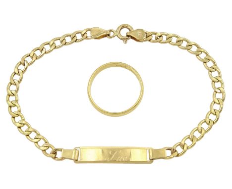 18ct gold wedding band and a 9ct gold identity bracelet engraved 'Sue', both hallmarked Condition Report:18ct approx 2.33gm, 