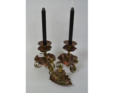 Pair of Arts and Crafts brass and copper chambersticks adapted for use as table lamps, 17cm high excluding the lamp fittings,