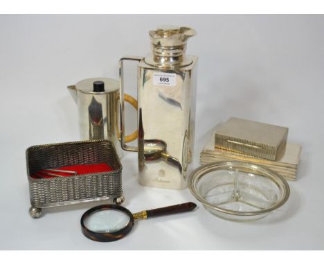 Silver plated flask engraved Ballantine's, with crest, magnifying glass with an agate handle, pewter jug and other miscellane