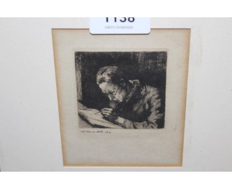 W.A. Narbeth, artist signed etching, figure reading from a book, dated 1918, 6cm square, framed