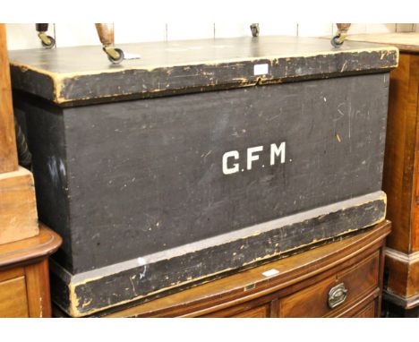 19th Century black painted pine rectangular trunk, 95 x 46 x 51cm high