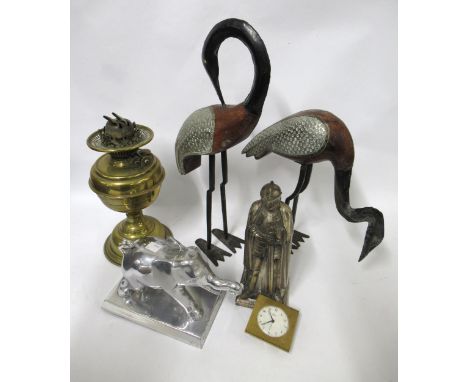 Box containing a collection of miscellaneous items, including two wooden white metal mounted figures of birds, table lighter 