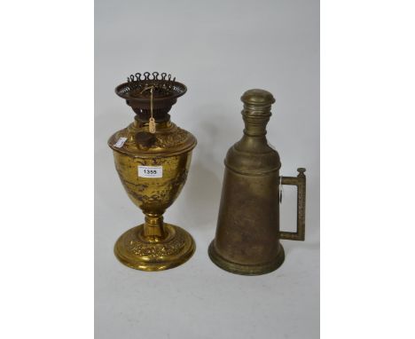 Victorian embossed brass oil lamp base, registration number 65891 for 1887, 32cm high (at fault), together with a metal indoo
