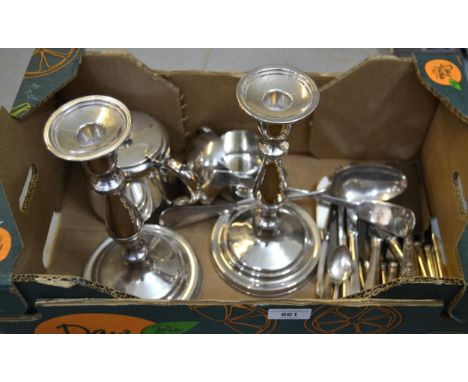 Pair of silver plated circular candlesticks with sconces, two plated ladles, quantity of plated flatware and a silver plated 