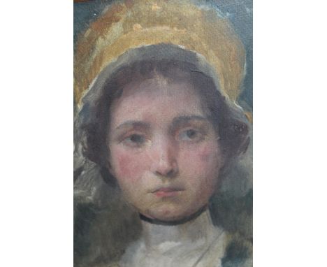 Rudolf Fuchs, oil on millboard, portrait of a young lady wearing a yellow bonnet, signed, indistinctly dated, 23 x 19cmSlight