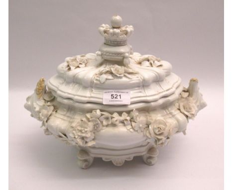 19th Century Meissen white glazed porcelain tureen and cover, with all-over floral encrusted decoration and a crown finial, 2