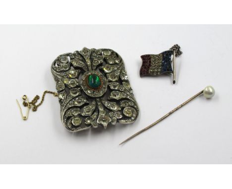 19th Century paste brooch (converted from a buckle), together with a silver flag brooch and a stick pin