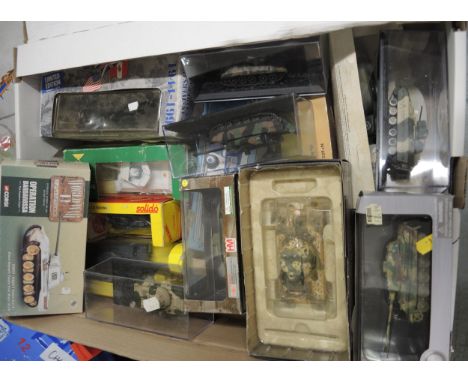 Two boxes containing a quantity of diecast military vehicles boxed, including Corgi, Solido etc.