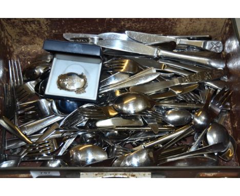 Silver sherry label and a quantity of various silver plated spoons and flatware