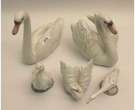 Group of three Lladro figures of swans, together with a Lladro figure of a goose and a Nao figure of a goose