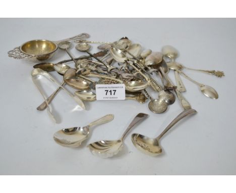 Two silver caddy spoons, sugar sifter spoon, tea strainer and a quantity of other miscellaneous tea, coffee and condiment spo