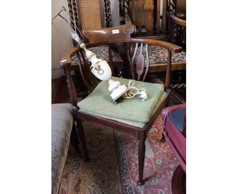 Edwardian line inlaid corner chair on turned supports, together with a gilt and white marble table lamp