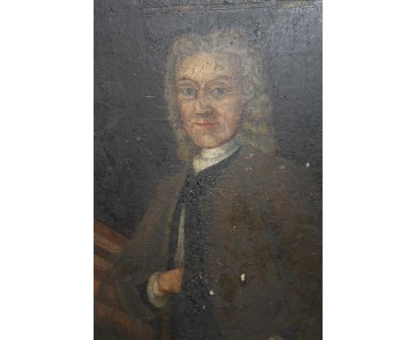 18th Century half length portrait of a bewigged gentleman beside books, the books indistinctly inscribed, unsigned, 30 x 26cm