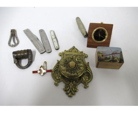 Victorian brass decorative door bell, Victorian travel corkscrew, Continental box with painted lid, pen knife, button hook et