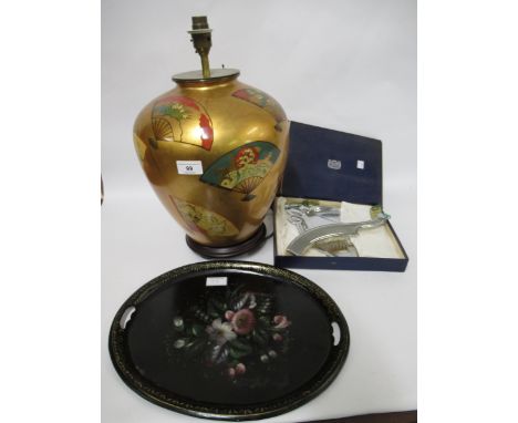 Modern oriental style table lamp with shade, Russian toleware tray and a boxed chrome plated crumb scoop and tray