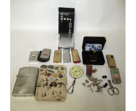 Collection of cigarette lighters by Ronson and others, quantity of cufflinks, badges and sundries, together with a folding sh