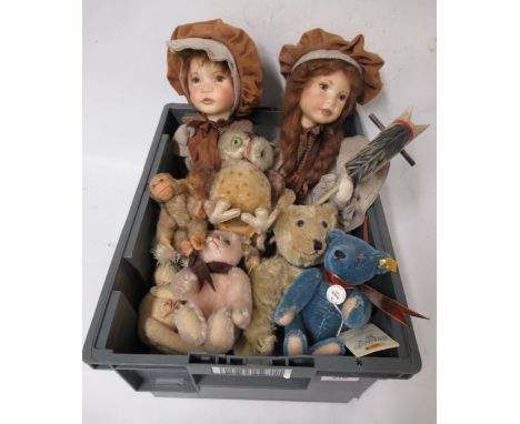 Two small Steiff soft toys, together with a quantity of other soft toys and two dollsBoth are vinyl. No marks on the heads.