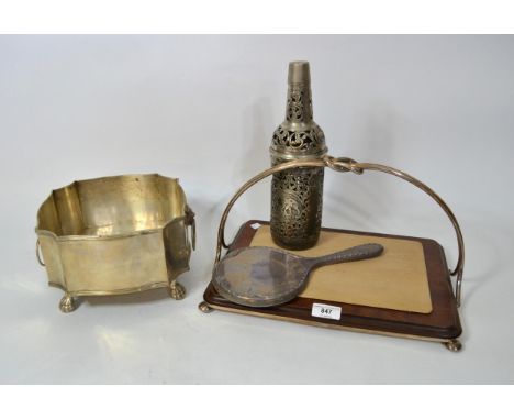 Mappin &amp; Webb silver plated and wooden cheese board, silver backed hand mirror, silver plated jardinere and an Indian sil