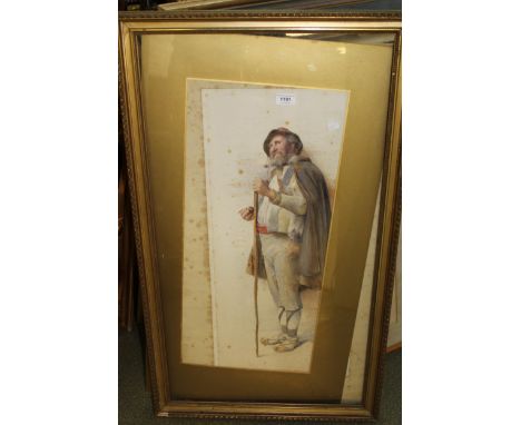 Kate Brearey, watercolour, full length portrait of a Continental gentleman with staff, 65 x 30cm, gilt framed (at fault)