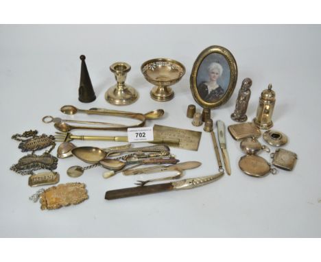 Three silver vesta cases, miniature circular tazza, dwarf candlestick, two peppers, miniature photograph frame and various ot