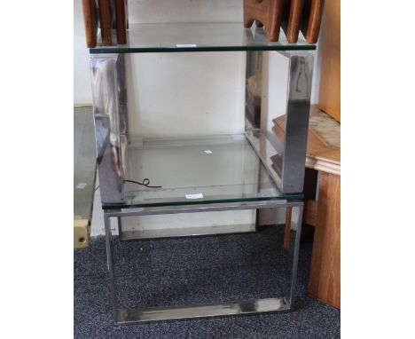 Pair of square glass and chromium metal lamp tables, 45cm square x 33cm high