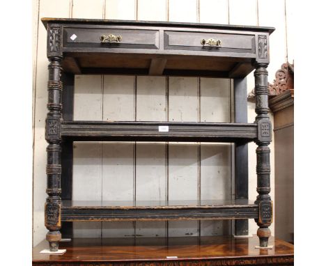 19th Century ebonised three tier buffet, with two drawers and turned supports, 95cm wide x 35cm deep x 91cm high