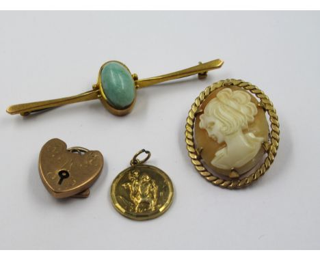 9ct Gold bar brooch set opal, 9ct gold pendant, and a 9ct gold padlock clasp, gross weight 9.8g, together with a small cameo 