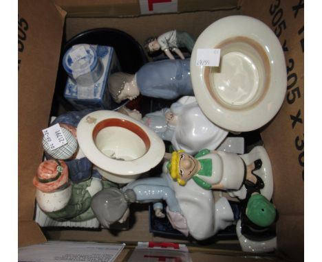 Two Nao figures, West German pot, Clarice Cliff type vase, various other figures and two porcelain top hats (one by F.R. Trip