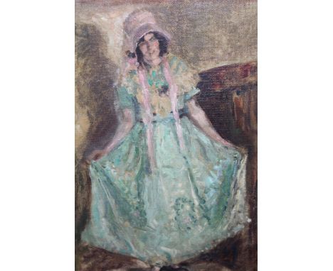 Attributed to Alfred Palmer, oil on canvas, portrait of a young lady in a green dress, 40 x 30cm