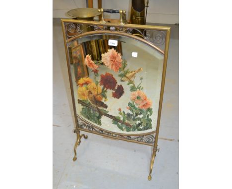 Victorian brass floral and bird painted mirrored fire screen, 48cm wide x 86cm high