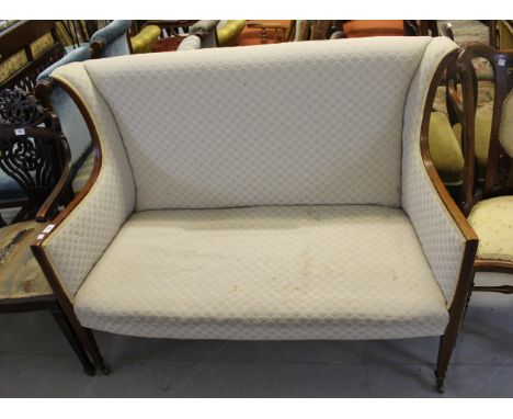 Edwardian mahogany line inlaid two seat sofa on square tapering supports with brass casters, 94cm high x 125cm wide x 60cm de