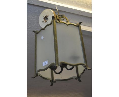 20th Century brass hanging lantern with etched glass, 48cm highNeeds a good clean and polish but otherwise appears to be all 
