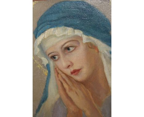 Gyula Meresz, oil on canvas laid on board, portrait of The Madonna, signed, 38 x 30cm
