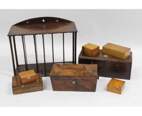 19th Century rosewood tea caddy, small bank of three drawers, mahogany wall mounting filing shelf and five various small boxe