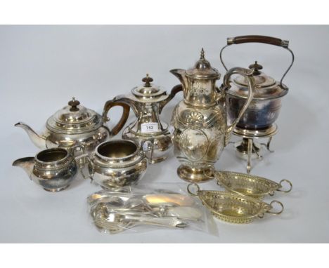 Four piece silver plated tea service, silver plated claret jug and sundries
