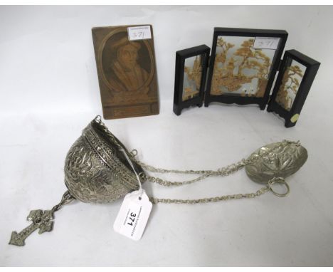 Middle Eastern silver plated hanging oil lamp, together with a copper engraving plate and a cork triptych picture