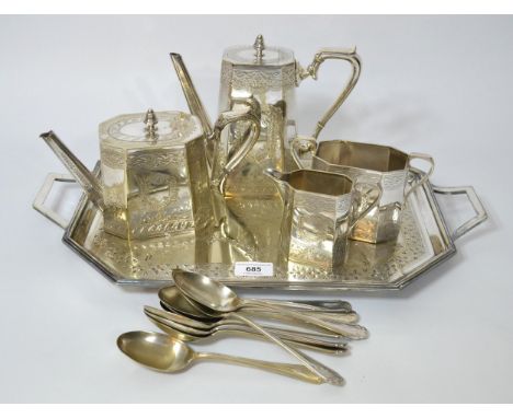 Mappin &amp; Webb silver plated five piece tea service on matching tray, together with a small quantity of various silver pla
