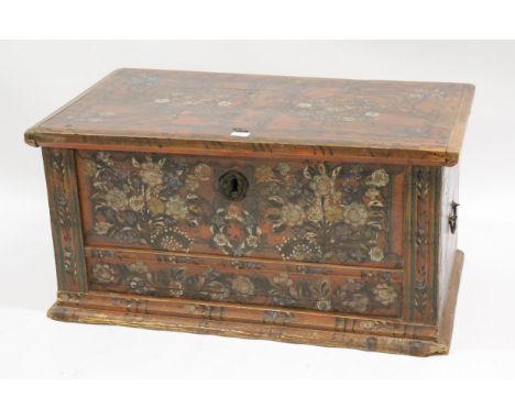 Small 19th Century Continental painted pine trunk with hinged cover above a moulded plinth base, 94cm wide