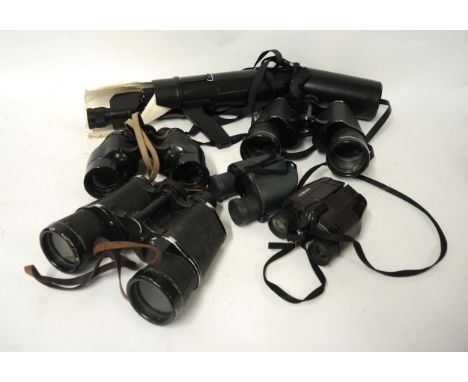 Russian monocular with handle and case, two pairs of leather cased binoculars (one by Ross), two modern cased pair of miniatu