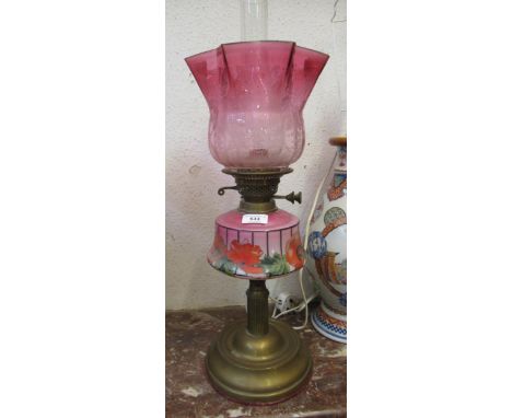 Victorian floral decorated pink glass and brass oil lamp, with a cranberry glass shadeNeeds a good clean, no cracks, some los
