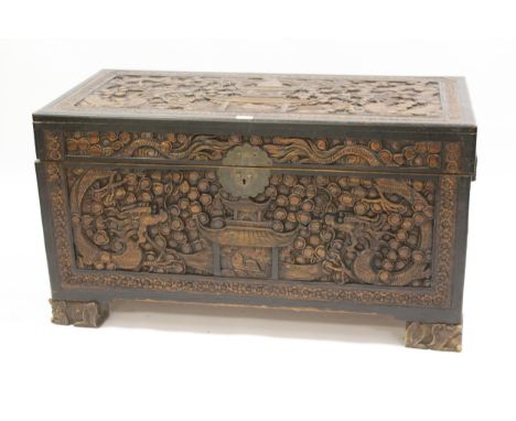 Mid 20th Century Eastern carved camphor wood trunk, 105cm wide