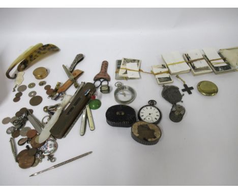 Two 19th Century papier mache snuff boxes, a fob compass and various other collectables, including pen knives, badges, seals,