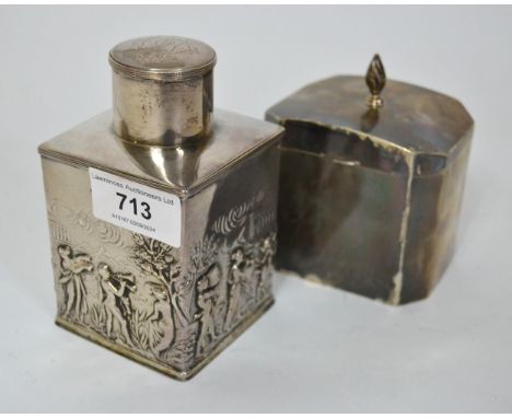 Birmingham silver teapoy of square form with embossed figural decoration, together with another small silver tea caddy of pla