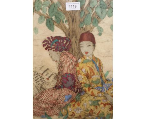 Elyse Ashe Lord, signed Limited Edition hand coloured dry point etching, Chinese figures seated below a tree, No. 35 of 75, 3