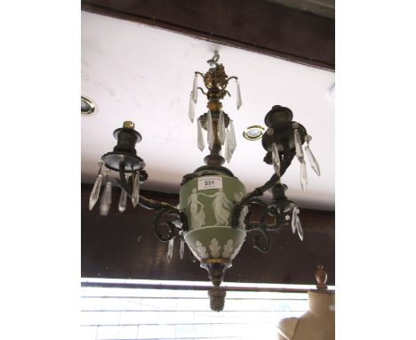 Unusual Wedgwood green Jasperware and gilt metal four branch chandelier with glass drops (some drops missing), 49cm highSome 
